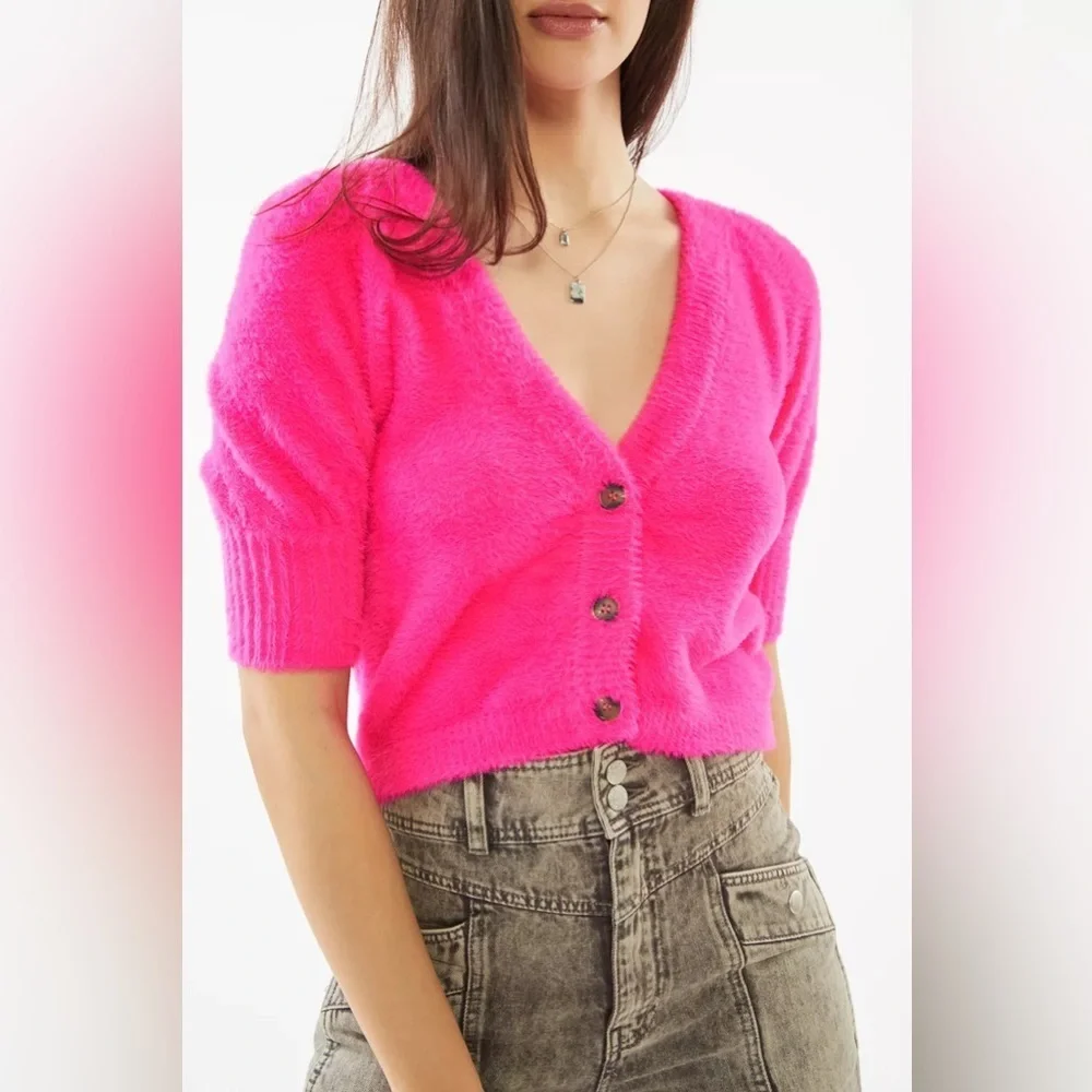 For Love & Lemons Chateau Short Sleeve Cardigan Size Small Hot Pink Fuzzy - Picture 9 of 10